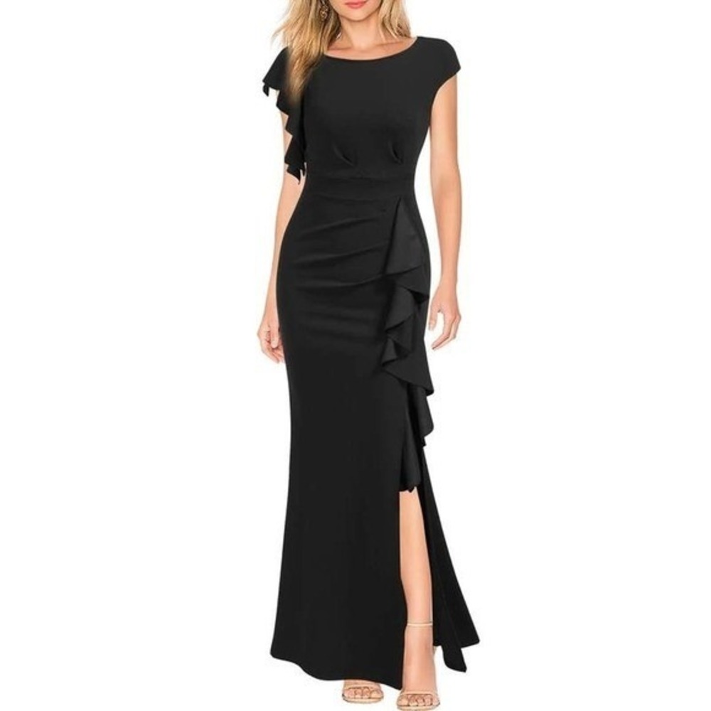 WOOSEA Elegant Black Ruffle Maxi Dress High‎ Slit Formal Evening Gown M